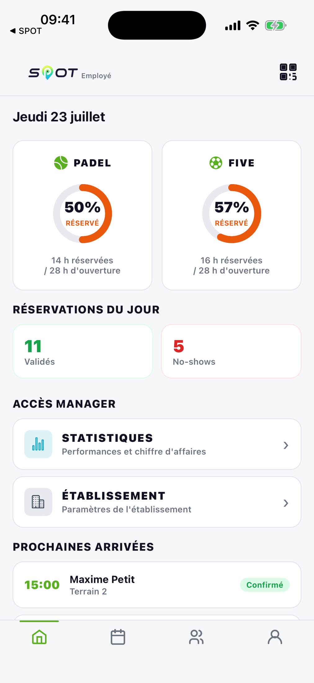 App SPOT Pro Employé — accueil du club